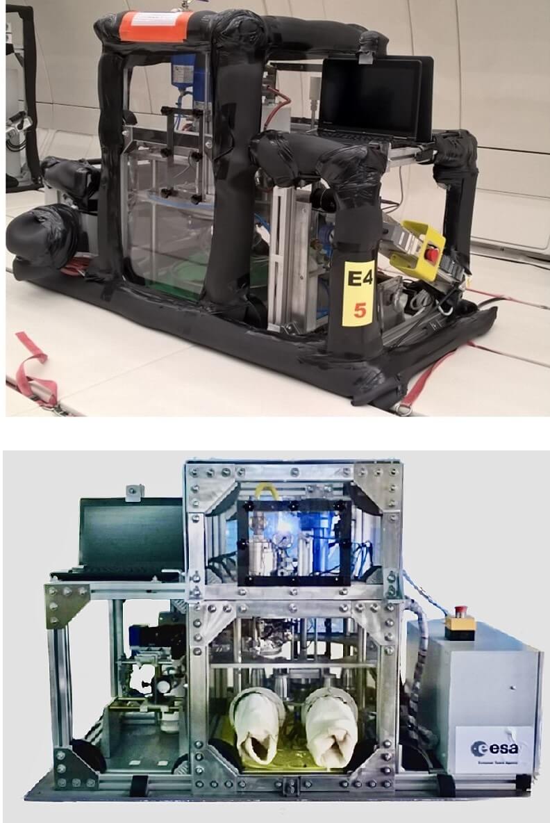 two pictures showing a black machine in the front and gray metal in the back used to monitor frying process in microgravity