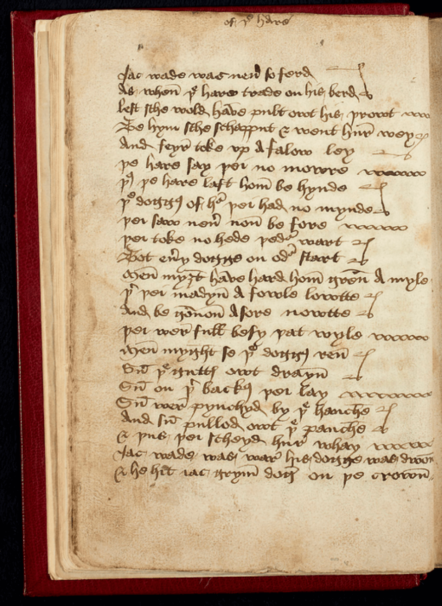 Part of 'The Hunting of the Hare' poem in the Heege Manuscript (p.4 verso), featuring the killer rabbit. The first lines read: "Jack Wade was never so sad / As when the hare trod on his head / In case she would have ripped out his throat."