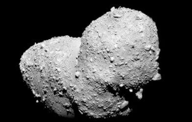 Asteroid Itokawa as seen by the Hayabusa spacecraft. The peanut-shaped S-type asteroid measures approximately 1,100 feet in diameter and completes one rotation every 12 hours. CRE