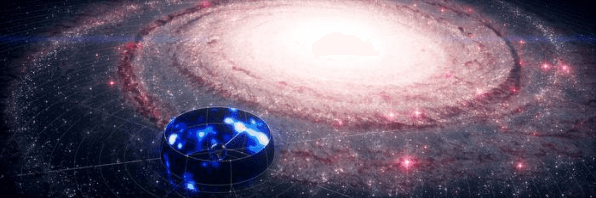 The Galaxy in Neutrinos (blue sky map) in front of an artist's impression of the Milky Way.
