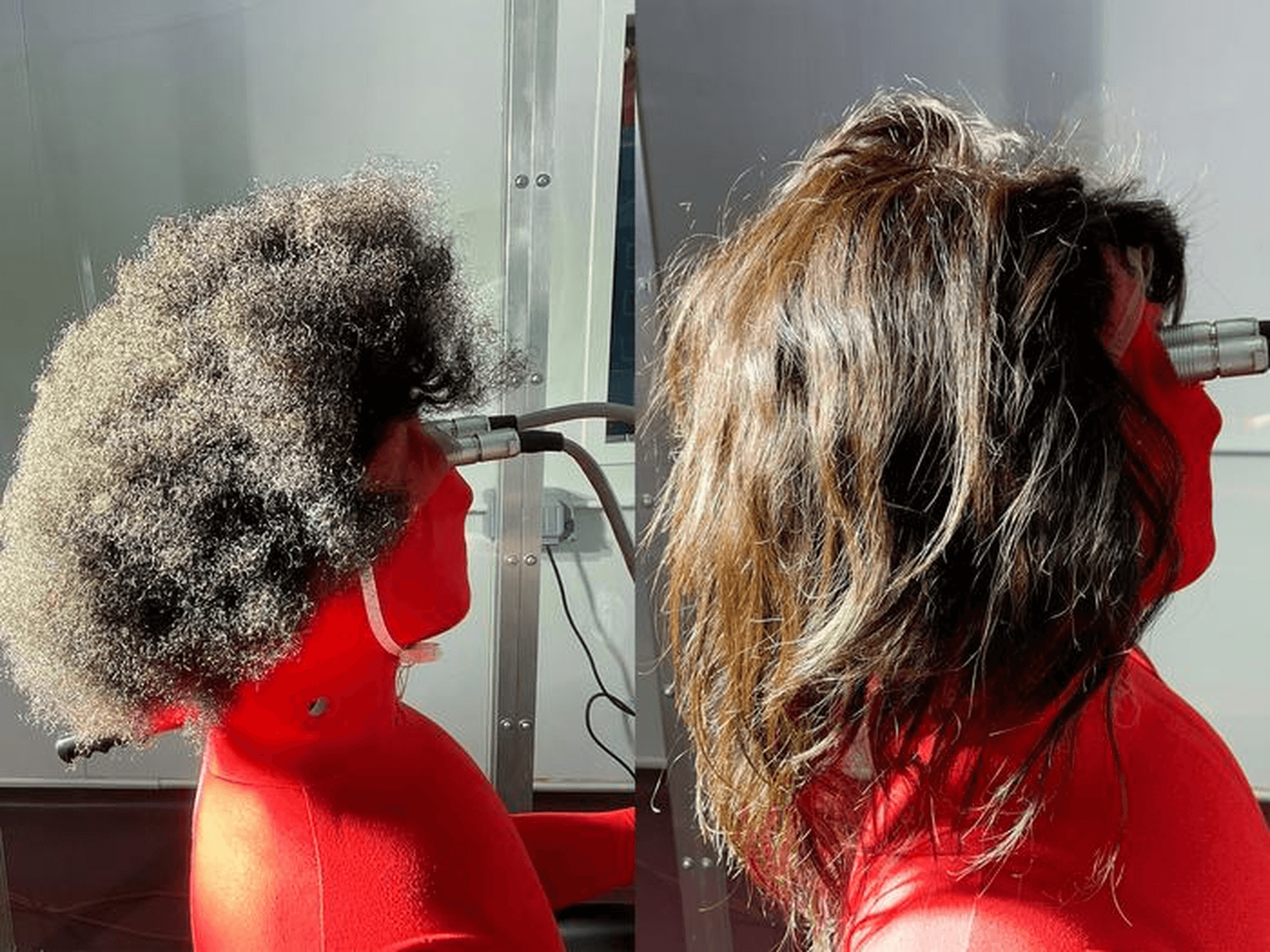 A thermal manikin wearing tightly curled (left) and straight (right) human hair wigs. The manikin uses electric power to simulate body heat and allows scientists to study heat transfer between human skin and the environment. A new study examining the role human hair textures play in regulating body temperature found that tightly curled hair provides the best protection from the sun’s radiative heat while minimizing the need to sweat to stay cool.