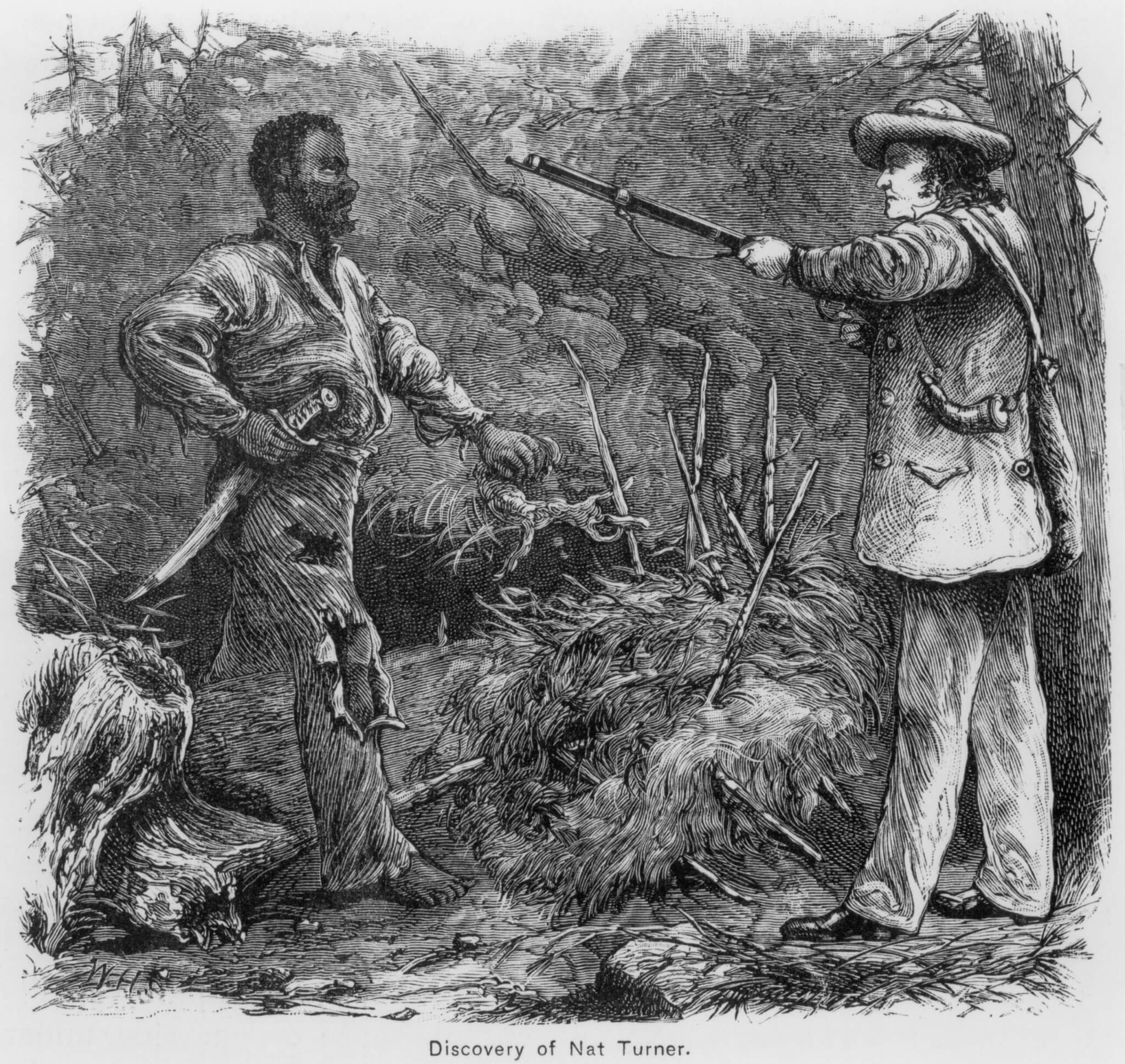 Discovery of Nat Turner (1800-1831), by Benjamin Phipps on October 30, 1831. Turner eluded capture for two months, he was discovered hiding in a cave. Engraving by William Henry Shelton (1840-1890).