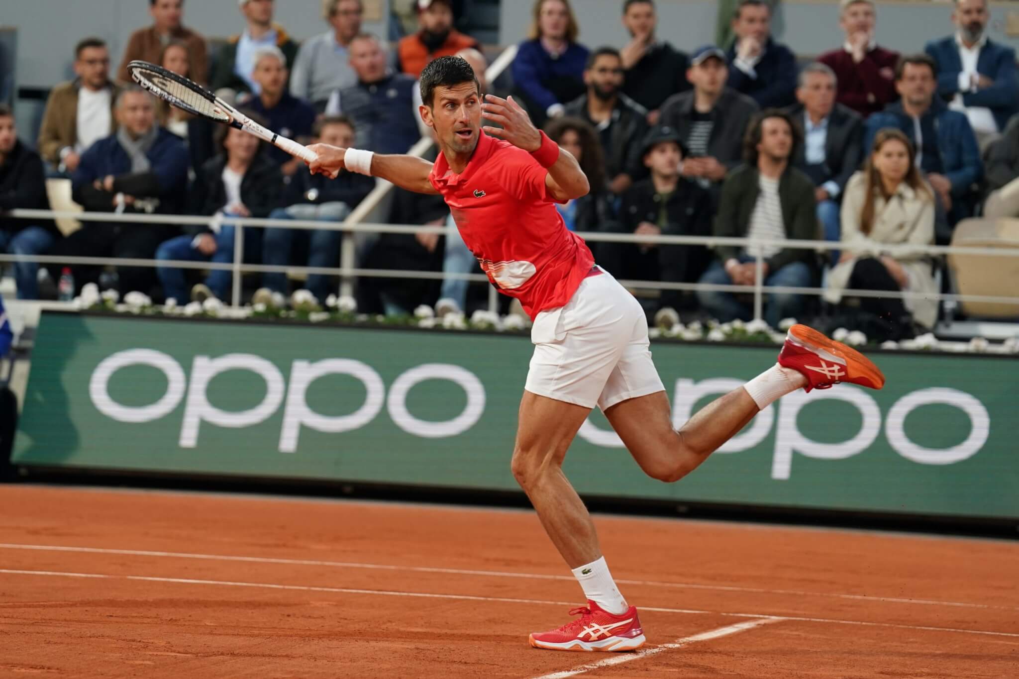 PARIS, FRANCE - MAY 31, 2022: Grand Slam champion Novak Djokovic of Serbia in action during his quater-final match against Rafael Nadal of Spain at 2022 Roland Garros in Paris, France