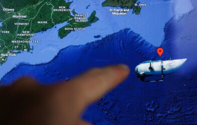 Boston, United States of America - 2023 June 21: Missing Titanic submarine OceanGate place of disappearance on map.