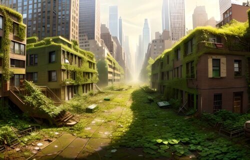 Post-apocalyptic city with plants growing on buildings, street.