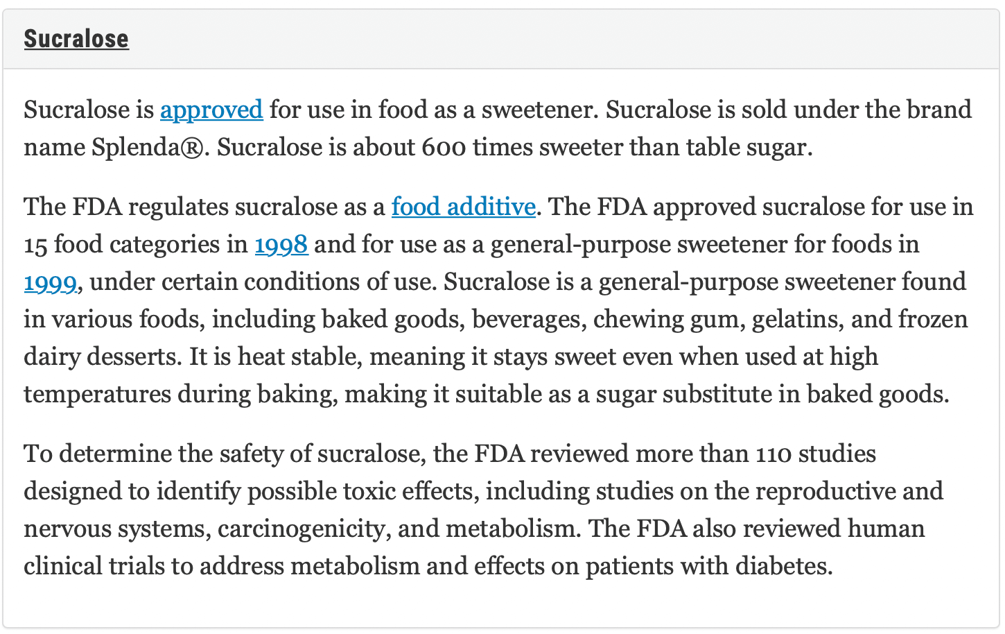 Sucralose report by FDA