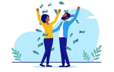 Wealthy couple celebrating with money in the air