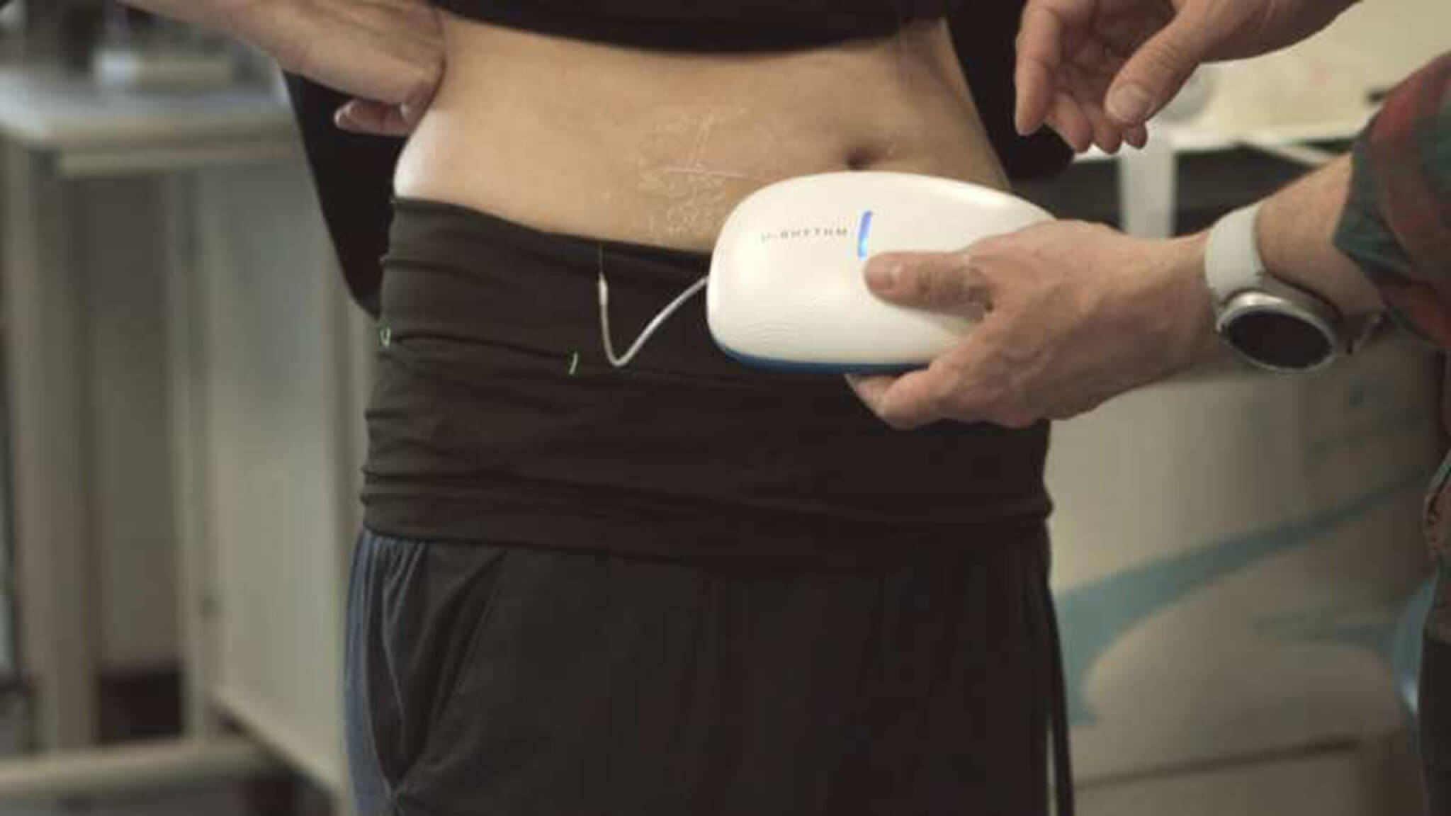 The U-RHYTHM device is worn in a comfortable band placed around the hips.