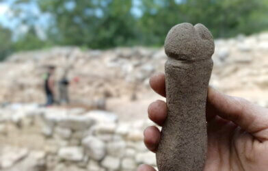 A stone penis discovered during excavations at a medieval fortress in southwest Spain.