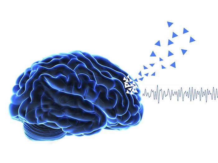 white graphic with a blue brain and dozens of small blue triangle floating away from the brain (damage denotes parkinsons)