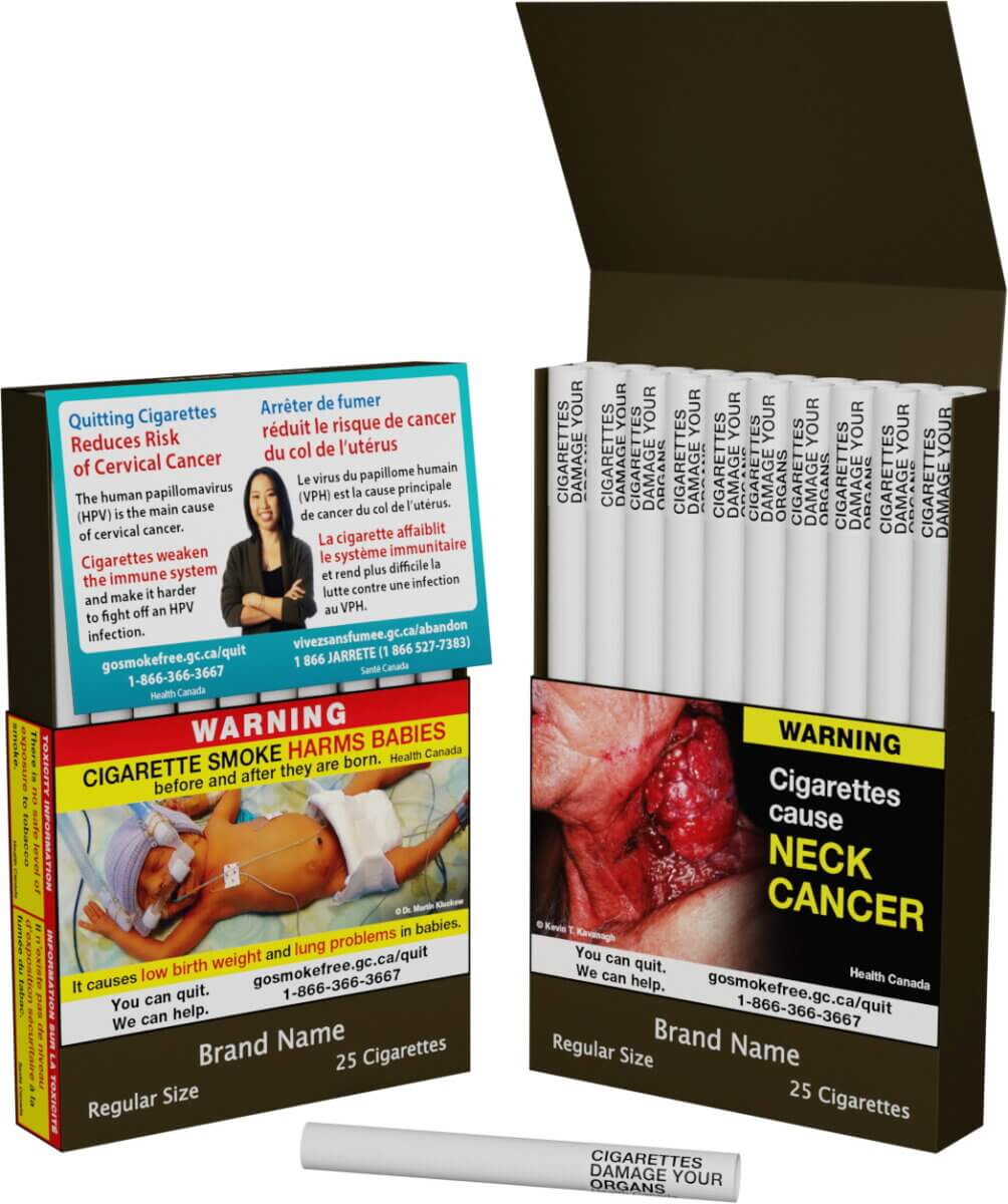 Pack of cigarettes all containing warning labels