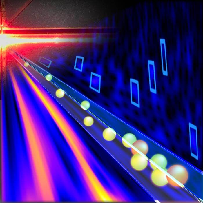 conceptual illustration, black and blue background, a clear tube with yellow and green balls flowing through it, to the left are two blue lanes with a fiery orange strip down the middle of each lane