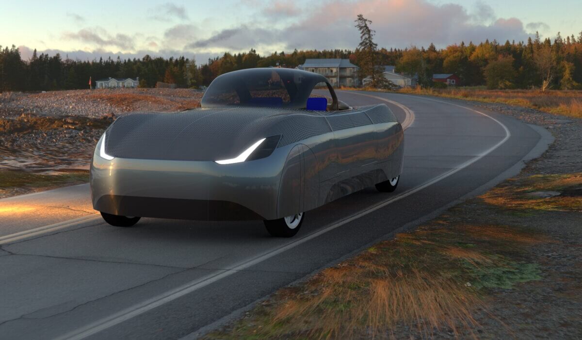Artist visualization of the Alef Model A flying car on the road. 