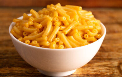 Boxed mac and cheese in a bowl