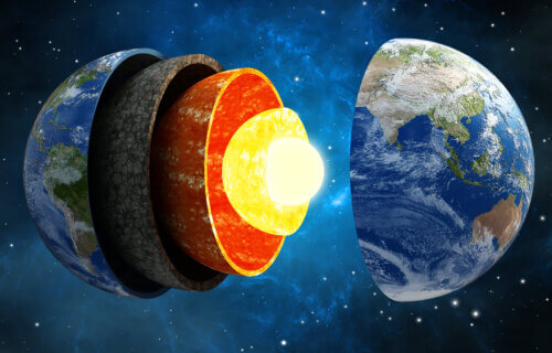 3D illustration showing layers of the Earth in space.