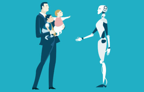 father holding kids next to robot