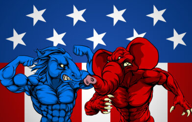 American political fighting: Republican elephant vs Democrat donkey