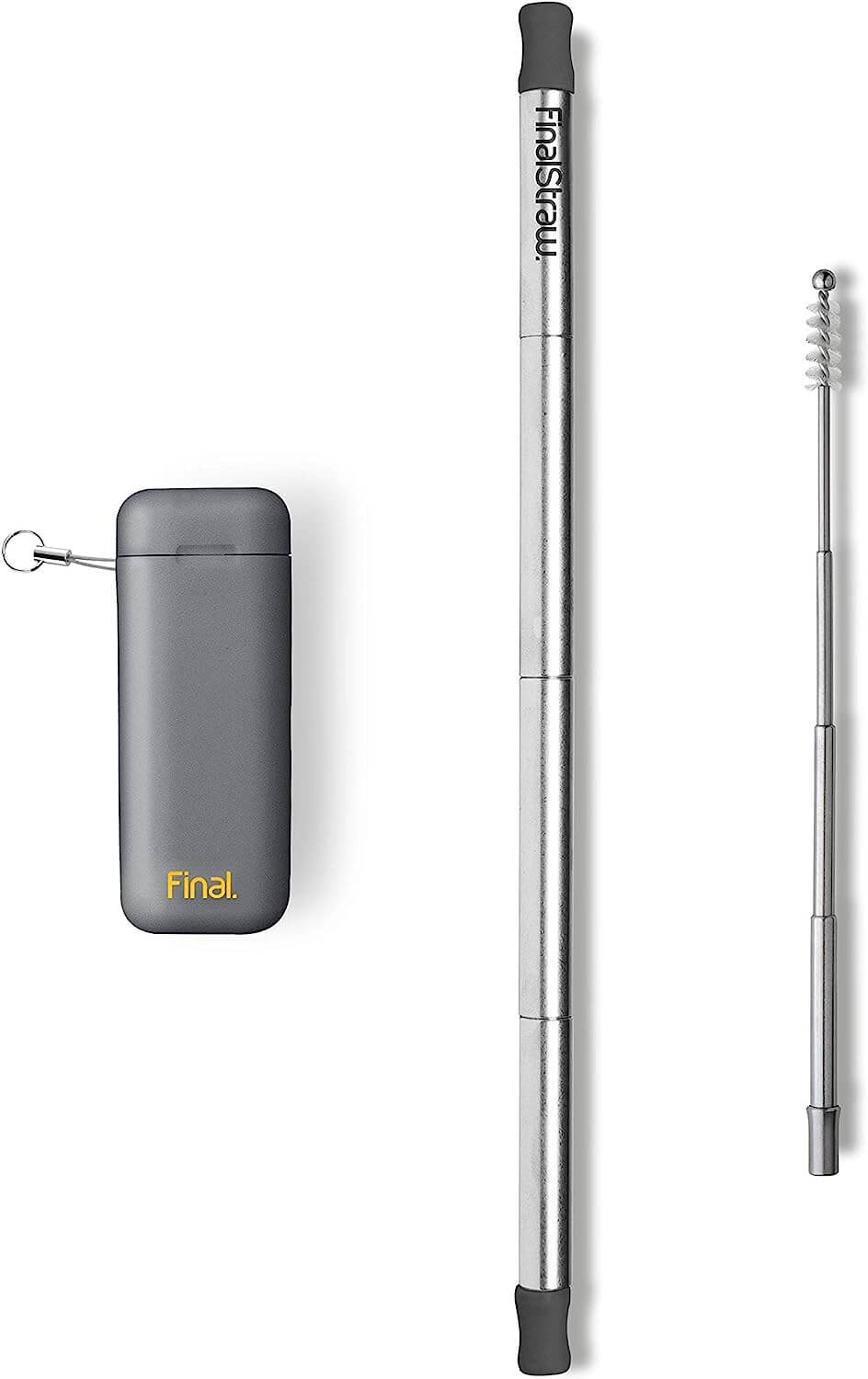 gray stainless steel straw with cleaner and case