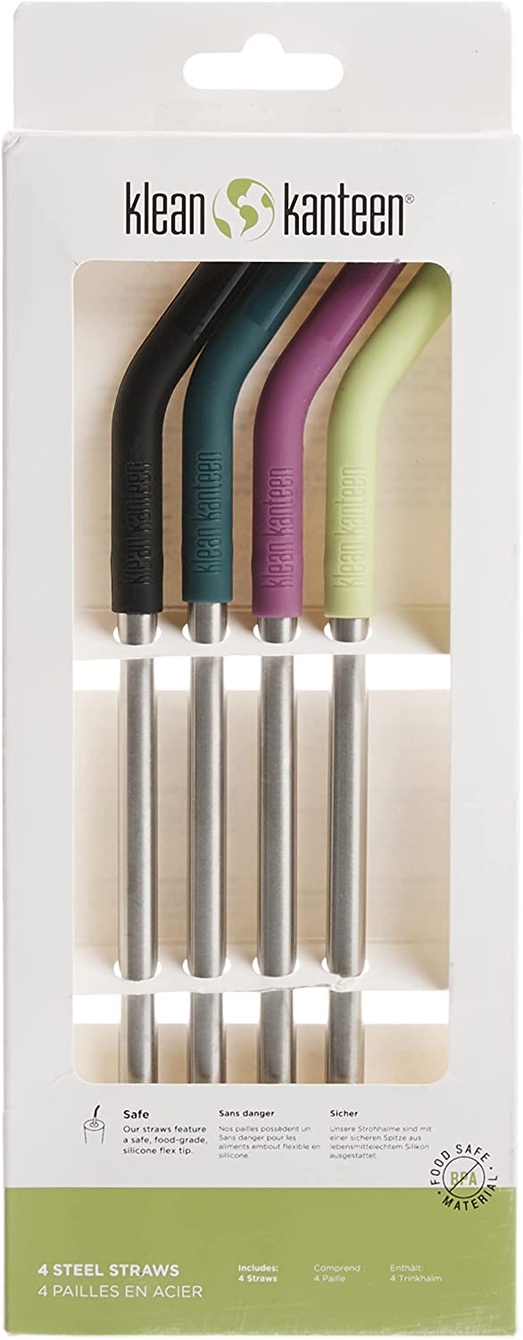 four stainless steel straws with colorful rubber tips in a cardboard box