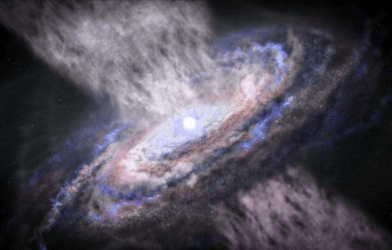 Quasars — shown here in an artist's illustration— are some of the brightest objects in the universe. The energy released by the quasar's supermassive black hole as it devours mass from its surroundings is widely considered to be the main driver in limiting the growth of massive galaxies. CREDIT Space Telescope Science Institute