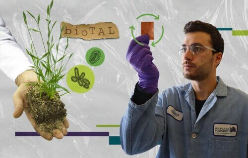 graphic of male research in blue lab coat holding up a small red plastic sheet. A different person's hand is holding a green plant with dark dirt