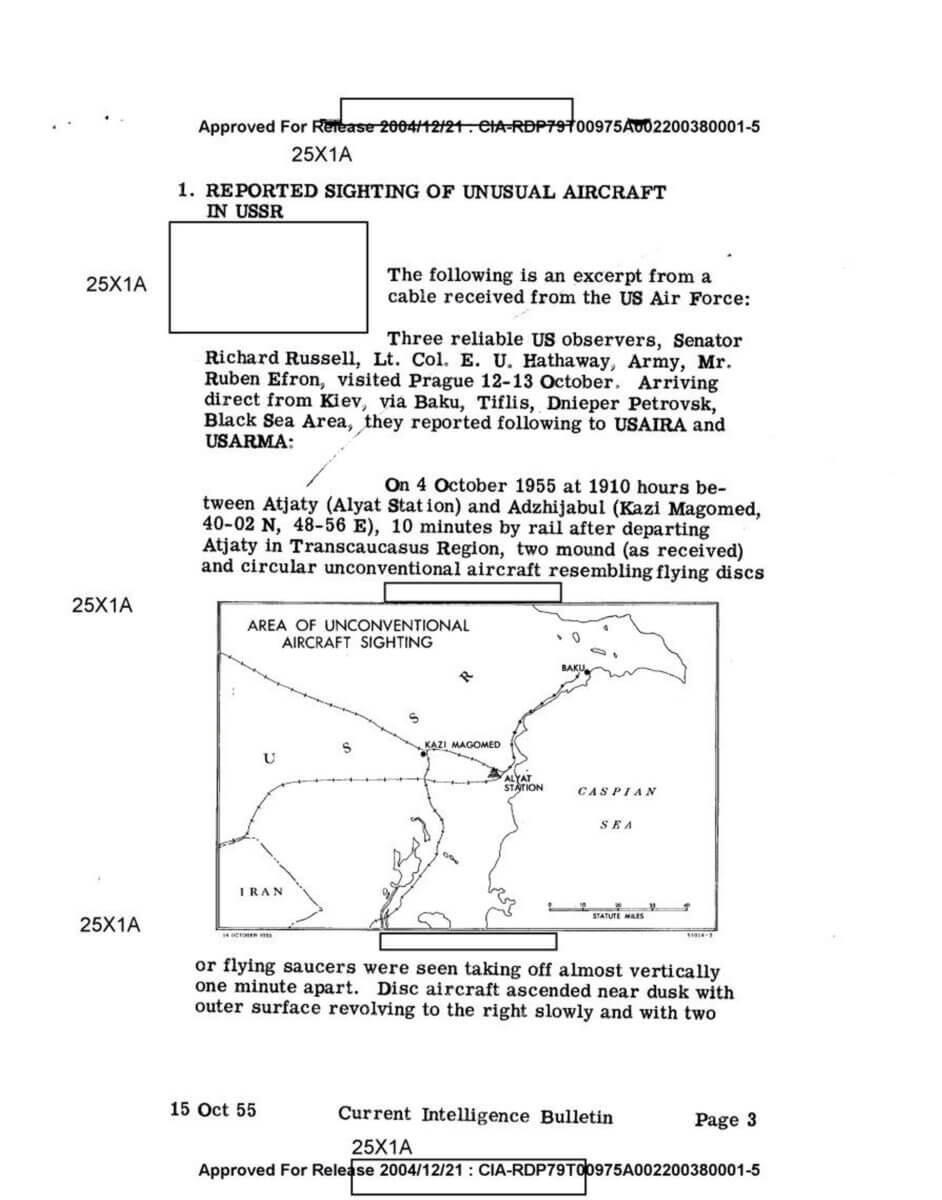 Page two of October 15, 1955 document detailing CIA official, Reuben Efron's flying saucer encounter. A newly-unredacted other file would name him in relation to Lee Harvey Oswald surveillance prior to JFK assassination. 