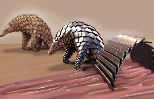 A conceptual illustration of the pangolin-inspired robot (on right) alongside a pangolin.