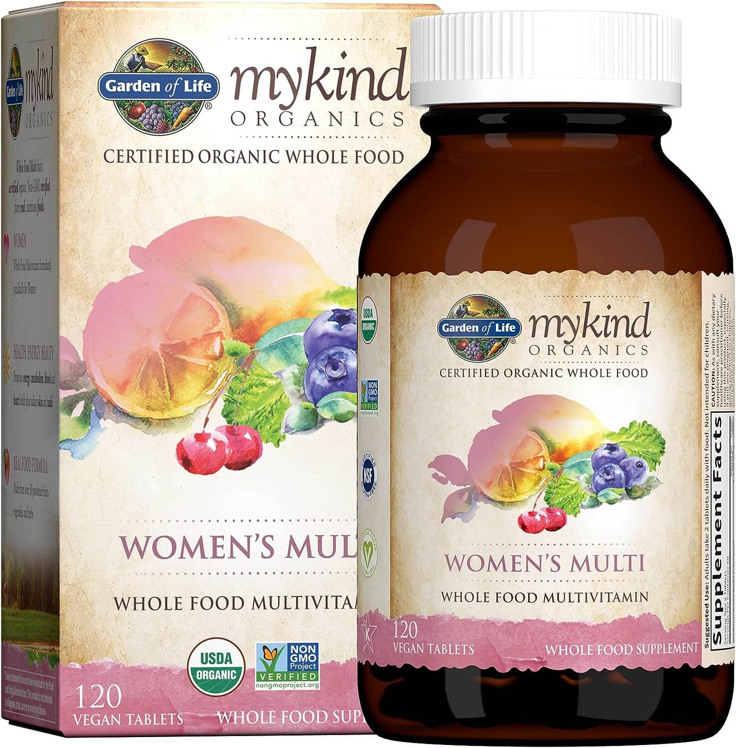 Garden of Life Organic Multivitamin for Women, mykind Organics Womens Multi with Vitamin C, D, Folate, B6, B12, Biotin, Iron, Vegan Whole Food Vitamins for Women, Energy, Skin, Nails, 120 Tablets