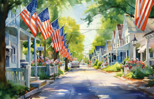A charming small town's Main Street adorned with patriotic USA banners and flags, watercolor style.