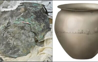 (a) Photograph of the cauldron, a big gray stone slag) and what is left today. (b) artistic reconstruction of the cauldron