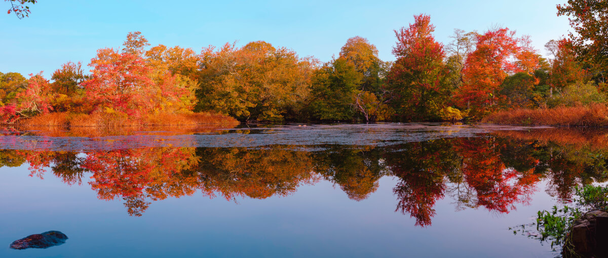A lake on Cape Cod surrounded by trees with autumn leaves 