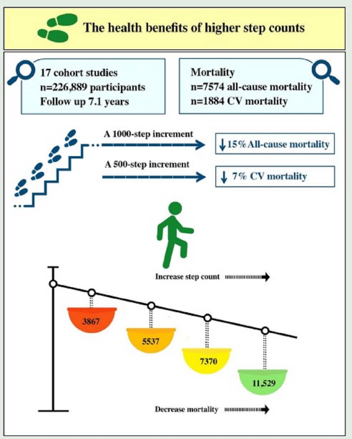 graphic abstract of step counting and the benefits of walking