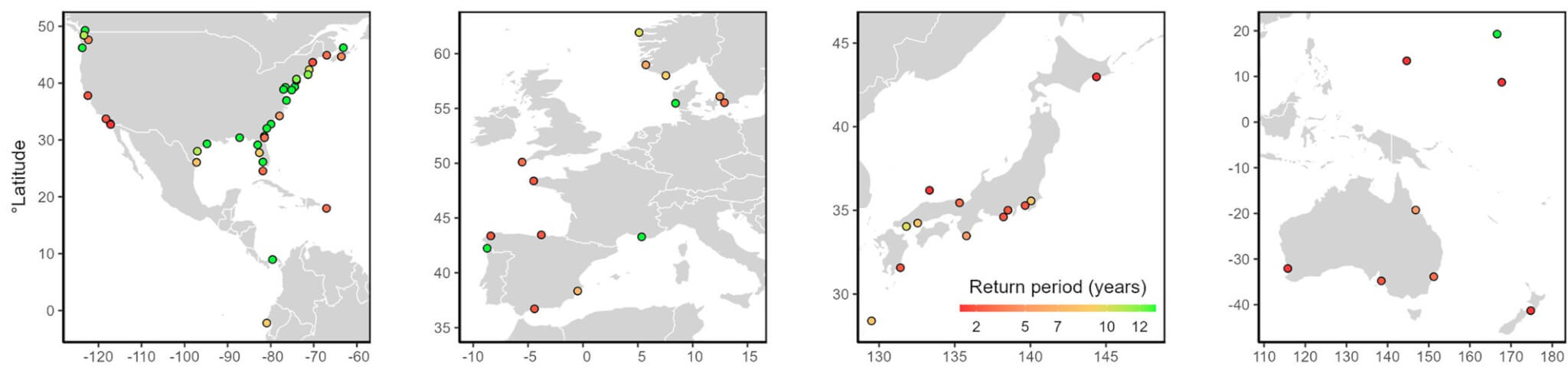 The image above shows the locations of some of the 300 tide gauges for frequency analysis of extreme sea levels used in the new study