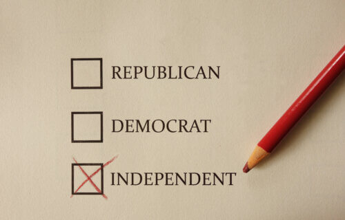 Paper vote political party form with Democrat, Republican with Independent selected