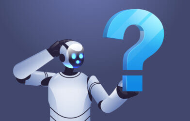 frustrated robot cyborg holding question mark