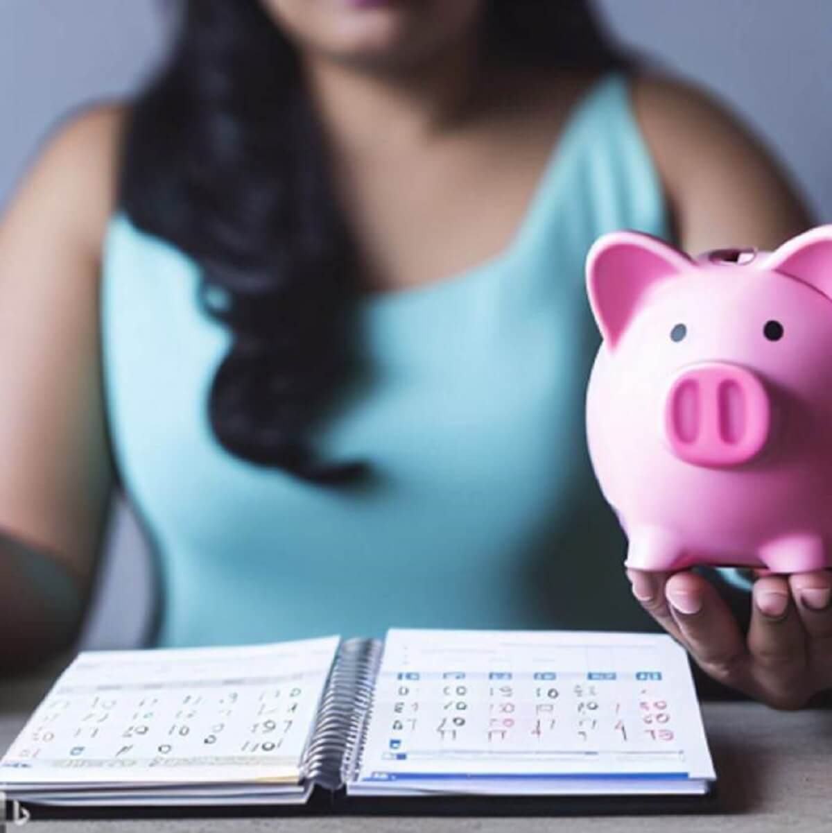 Woman in light blue tank top, holding a pink piggy bank, sitting in front of table with an open notebook on it.