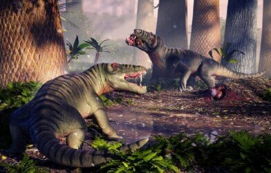 Artistic reconstruction of two Pampaphoneus biccai dinosaurs in the middle of the forest eating prey.