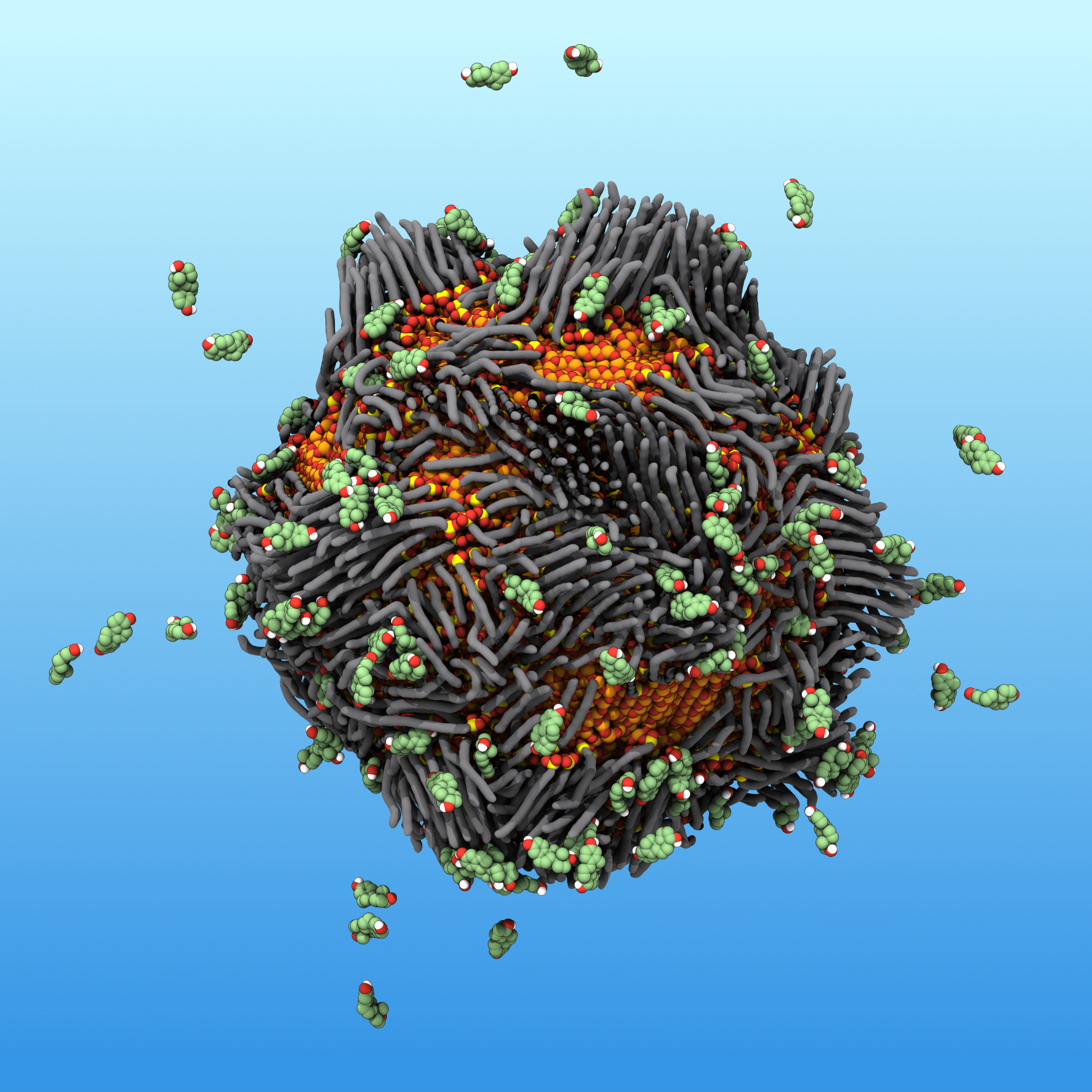 In this illustration, a “smart rust” nanoparticle attracts and traps estrogen molecules, which are represented by the floating objects.