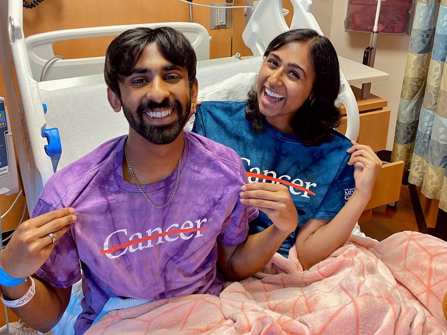 Ananya Bashyam and brother Chaitanya wearing cancer free tees at the MD Anderson Cancer Center in Texas.