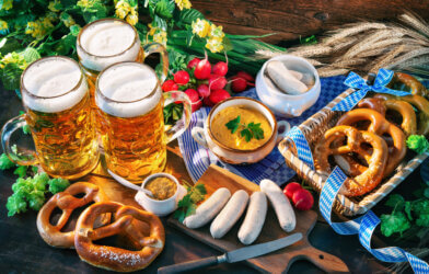 A spread of Oktoberfest foods and beer