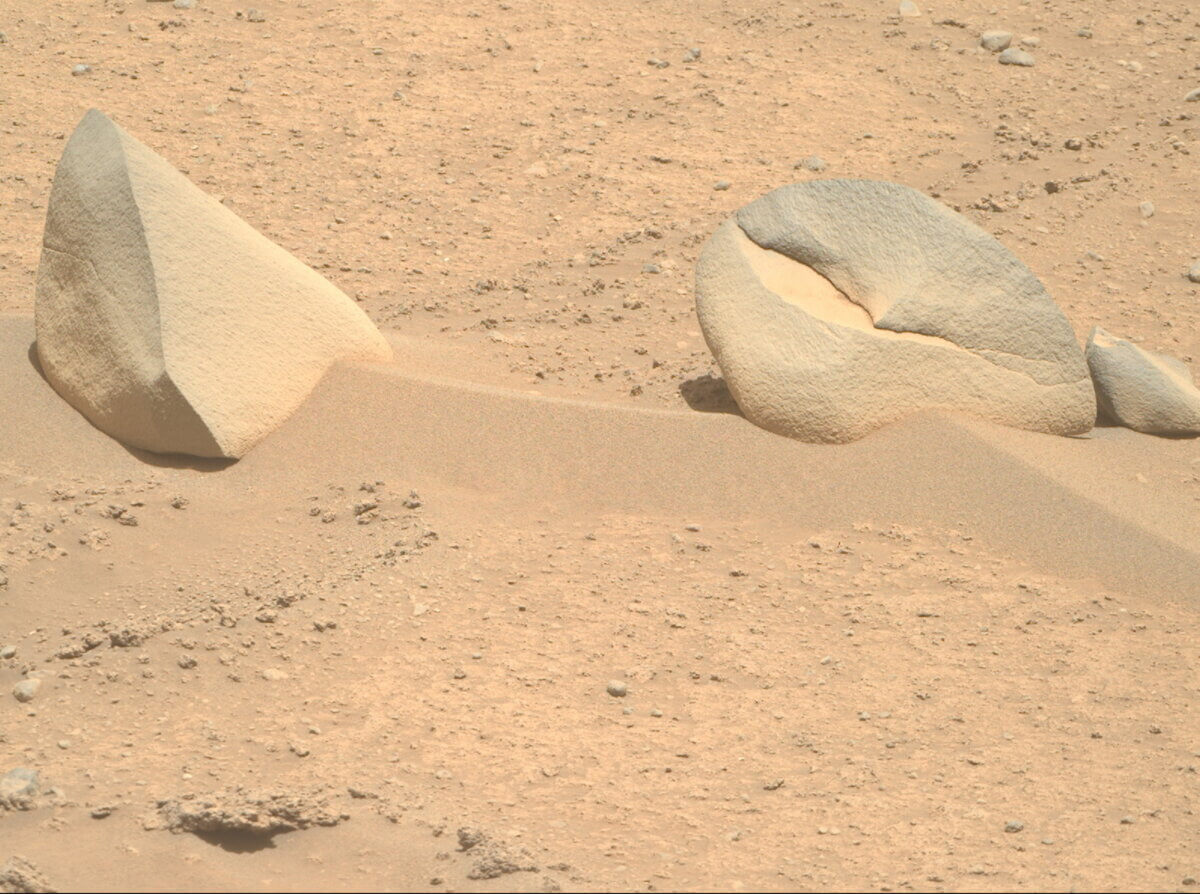Mars rocks that have been compared to a shark fin and a crab claw.
