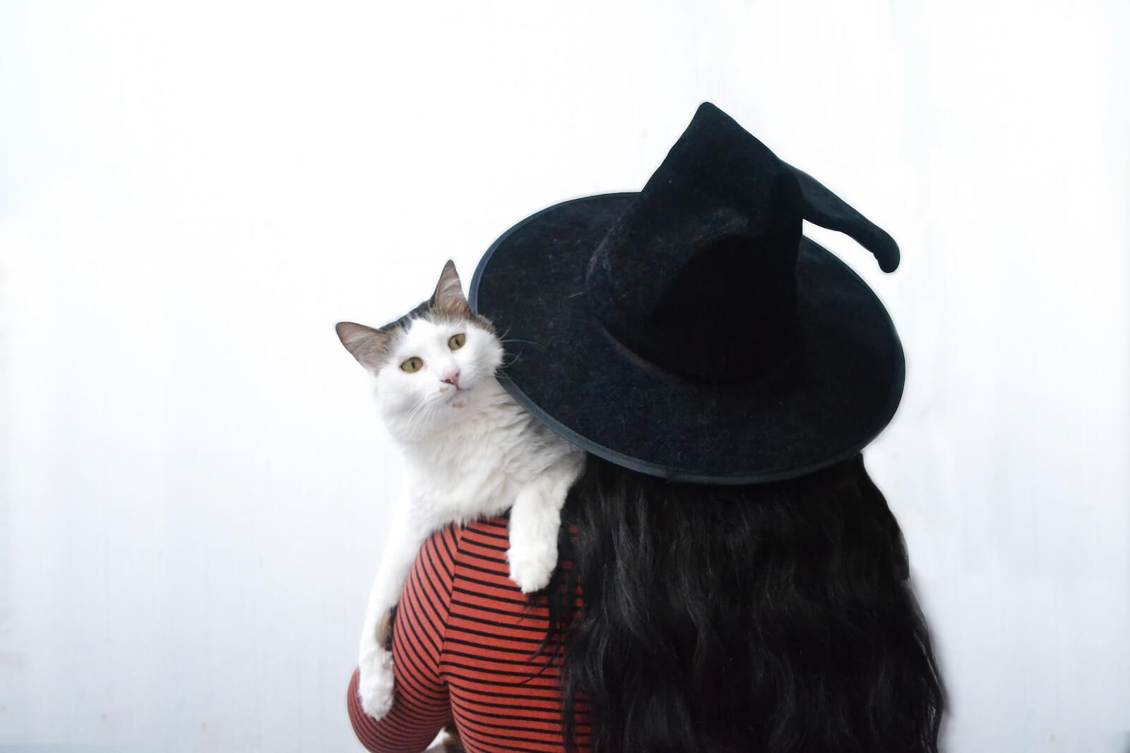 A witch holding a cat
