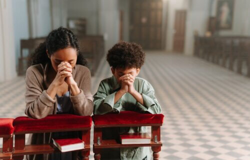 Mother and Son Kneeling in the Church