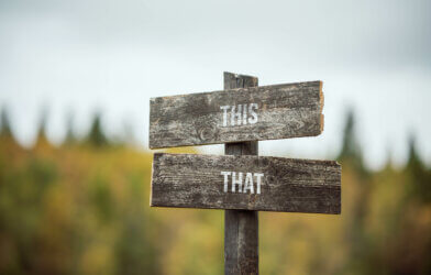 vintage and rustic wooden signpost with the weathered text quote this that, outdoors in nature.