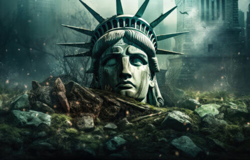 Depiction of doomsday and the Statue of Liberty