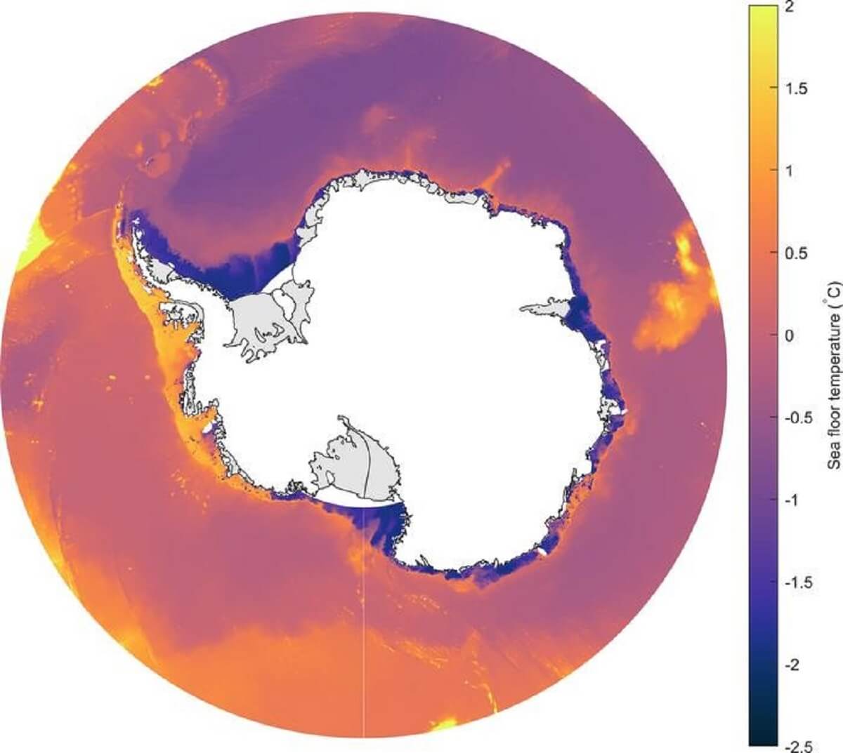 The graphic shows the water temperatures around the Antarctic. On the western side of Antarctica, water temperature at the sea floor is approaching 2 degrees C - and that is warm enough to melt the ice that is flowing on top of it. Sea temperatures on the eastern flank are colder. 