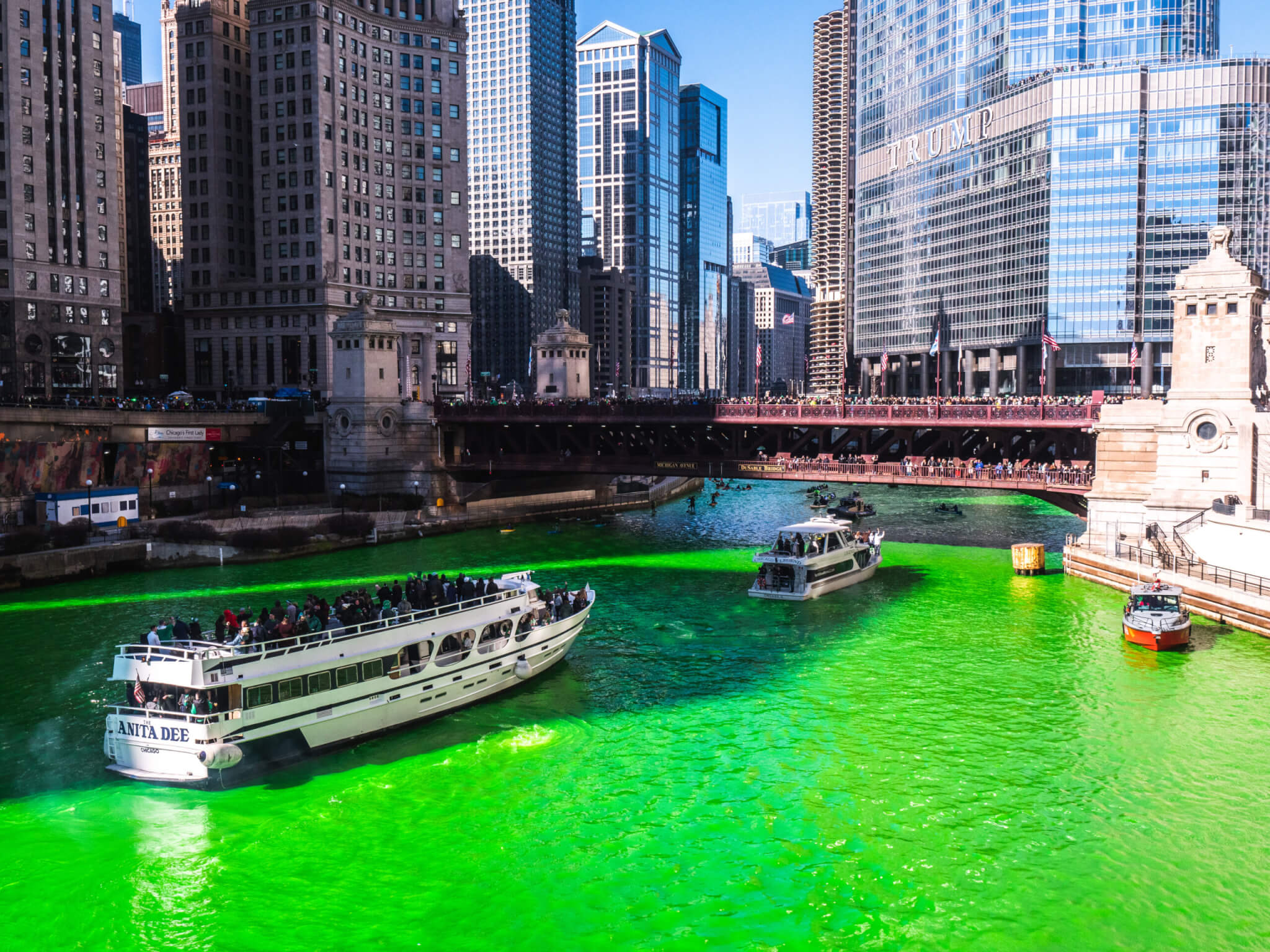The Chicago River is dyed green in Chicago for St. Patrick's Day