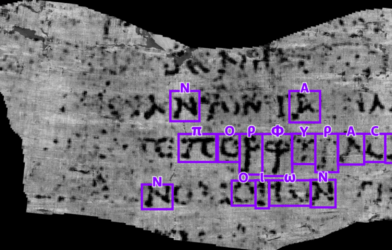 The Greek characters, πορφύραc, revealed as the word “PURPLE,” are among the multiple characters and lines of text that have been extracted by Vesuvius Challenge contestant Luke Farritor