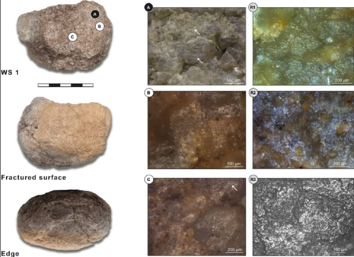 Microscopic images of grinding tools and surface from Neolithic era
