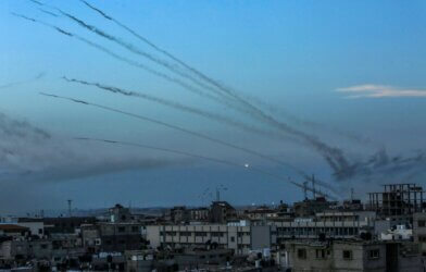 Hamas fires a large number of rockets towards Israel in the city of Rafah in the southern Gaza Strip, October 7, 2023.